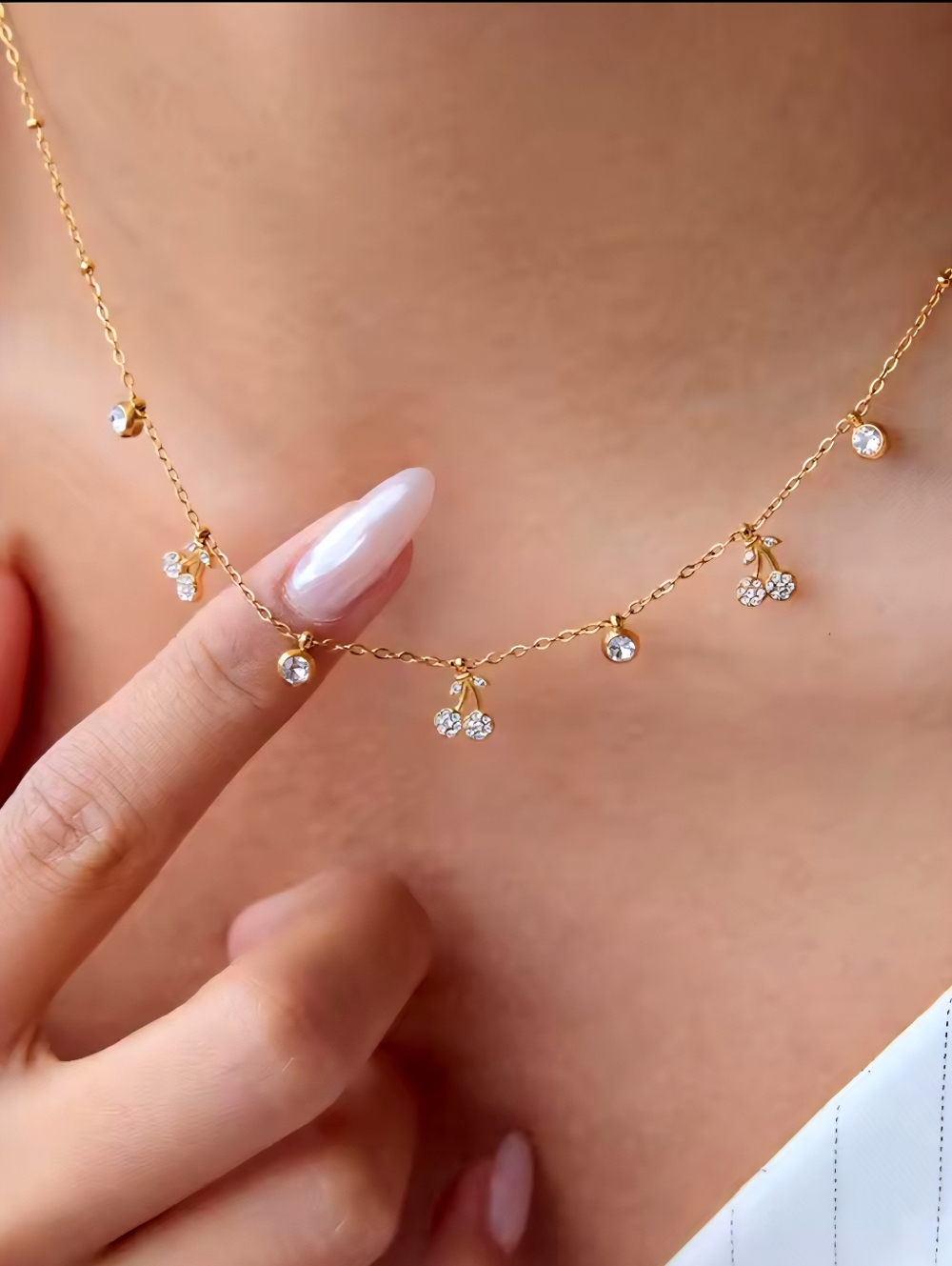 Gold Pave Cherries and Bezel Set CZ Diamond Necklace NEW